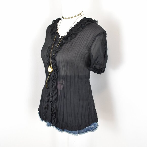 VTG 00s Y2K Sunny Leigh Black Sheer Pleated Ruffle Short Sleeve Button-Up Blouse - Picture 2 of 6